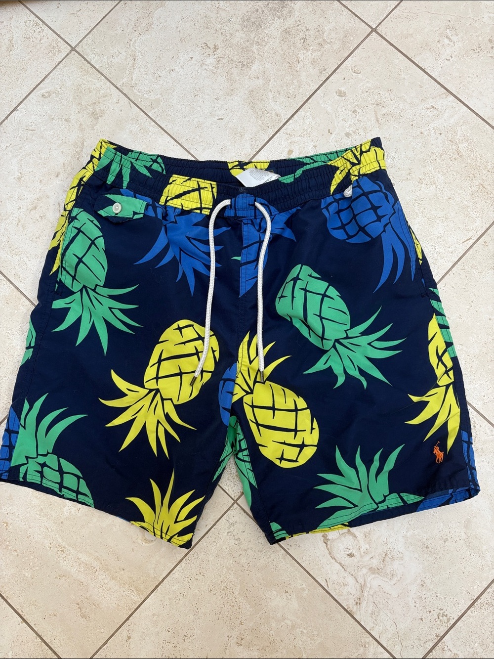 Polo by Ralph Lauren Navy Swim Trunks with Yellow and Green Pineapple Print